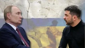 Путін і Зеленський один навпроти одного на тлі потрісканого українського прапора