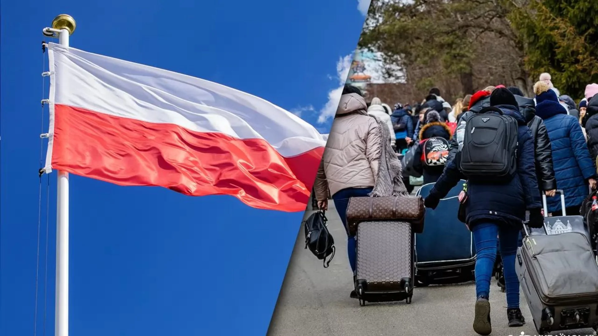 Прапор Польщі та люди з валізами йдуть дорогою