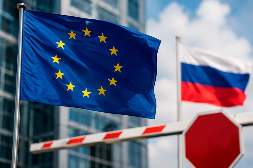Прапор ЄС на передньому плані, прапор Росії та шлагбаум на тлі хмарочосів