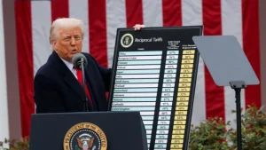 Трамп біля трибуни тримає таблицю взаємних мит на тлі прапора США